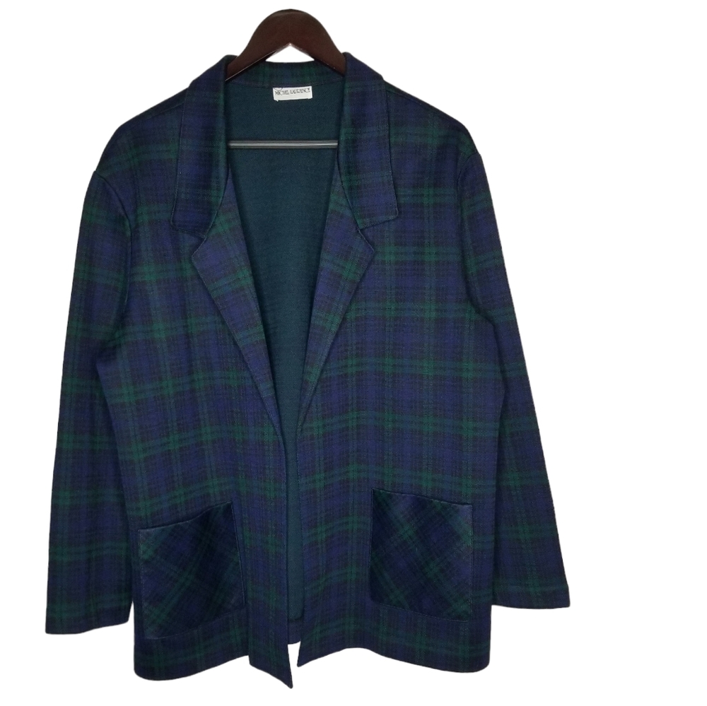 Vtg Michel Laurence Open Front Plaid Blazer Size 44 (Large) Jacket 2Front Pocket